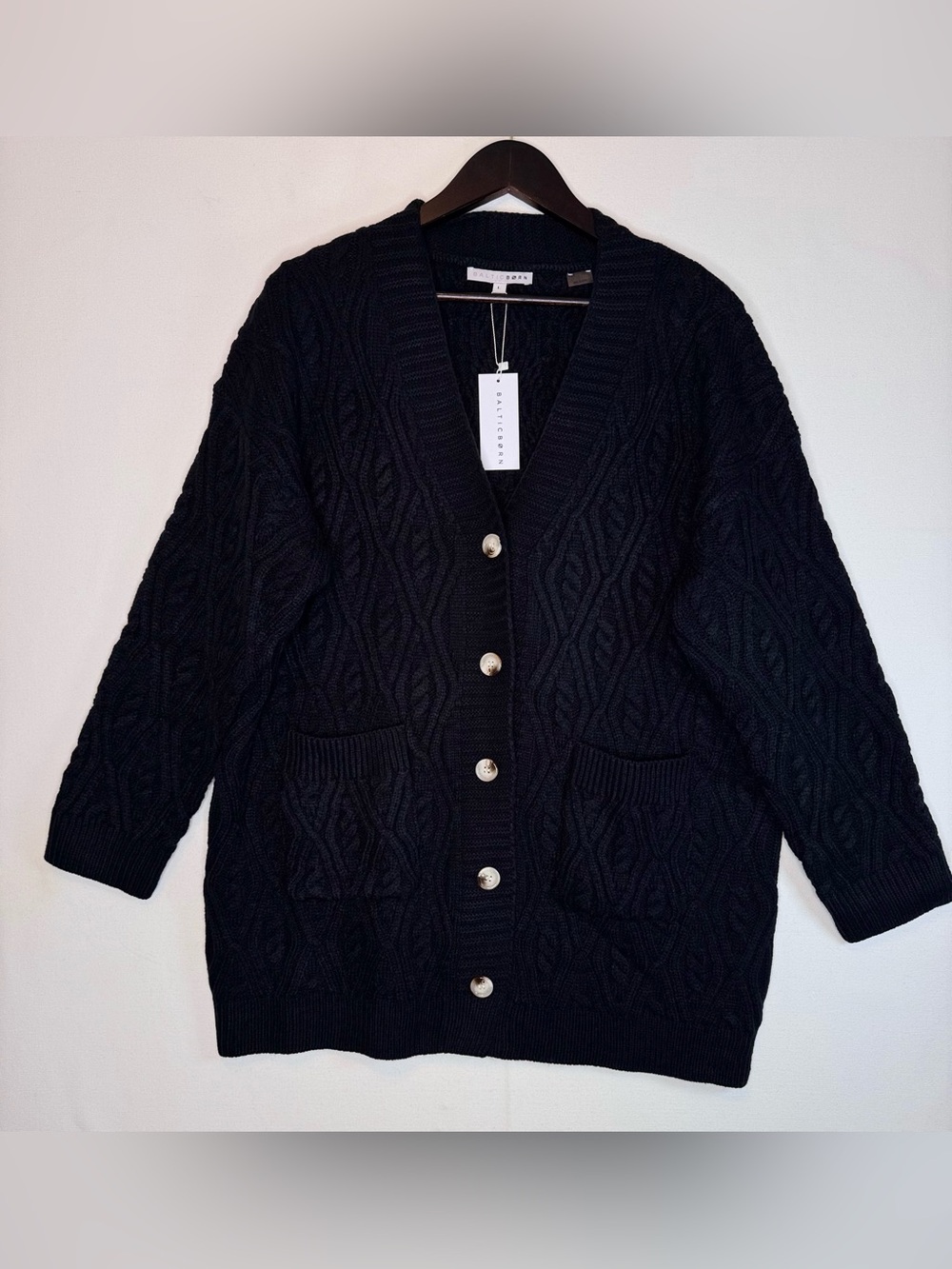 Baltic Born Alberta Cable Knit Cardigan size Lg black NWT oversized Cozy grunge